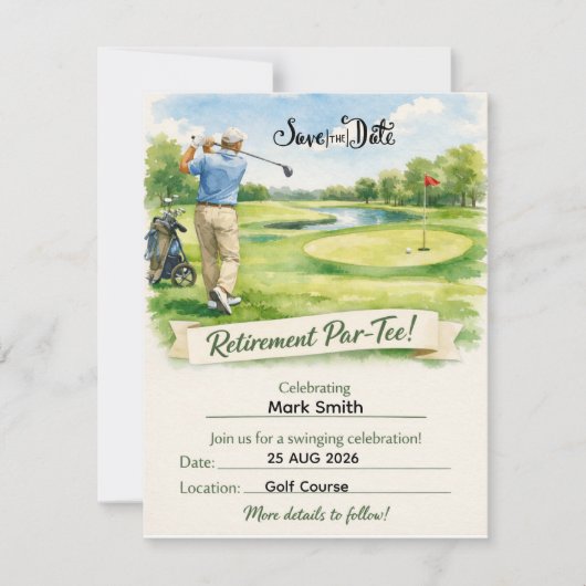Golfpensioenfeest voor golfer save the date (Voorkant)