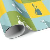 Golfpictogrammen op gouden en blauwe vierkantjes cadeaupapier (Rol Hoek)