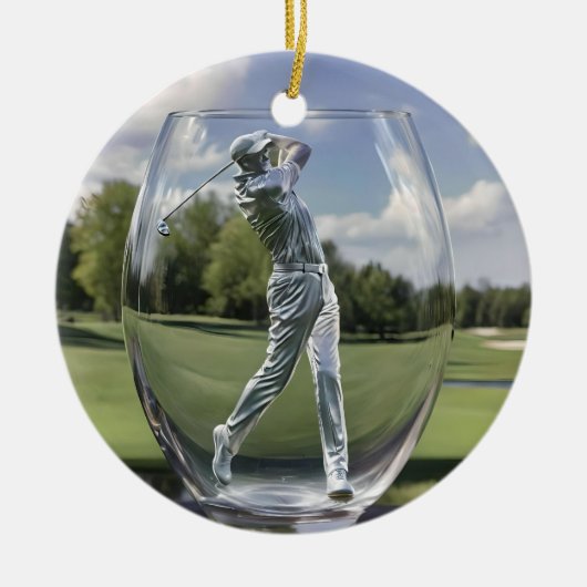 Golfspeler in een glazen tuimelaar met golfbaan, keramisch ornament (Voorkant)
