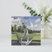 Golfspeler in een glazen tuimelaar met golfbaan, save the date (Staand voorkant)
