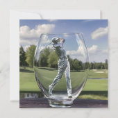 Golfspeler in een glazen tuimelaar met golfbaan, save the date (Achterkant)