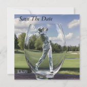 Golfspeler in een glazen tuimelaar met golfbaan, save the date (Voorkant)