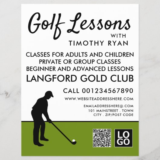 Golfspeler Silhouet, GoIf Les Advertentie Flyer (Voorkant)