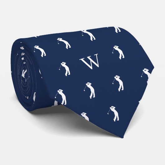 Golfswing Geborduurde Initialen Marineblauw Stropdas (Opgerold)