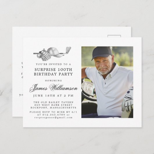 Golfthema 100e VERRASSING Verjaardagsfeestfoto Uitnodiging Briefkaart (Voorkant / Achterkant)