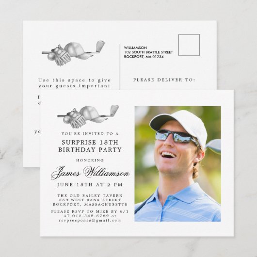 Golfthema 18e VERRASSING Verjaardagsfeestfoto Uitnodiging Briefkaart (Voorkant / Achterkant)