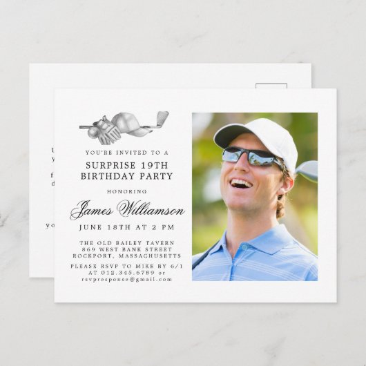 Golfthema 19e VERRASSING Verjaardagsfeest Foto Uitnodiging Briefkaart (Voorkant / Achterkant)