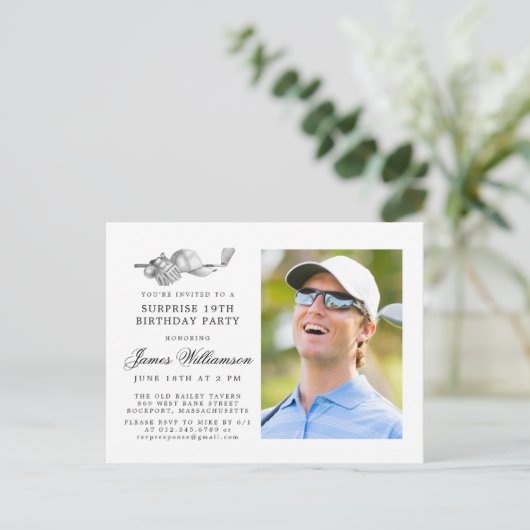 Golfthema 19e VERRASSING Verjaardagsfeest Foto Uitnodiging Briefkaart (Staand voorkant)
