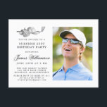 Golfthema 21e VERRASSING Verjaardagsfeestfoto Uitnodiging Briefkaart<br><div class="desc">Elegante zwart-wit verjaardagsuitnodiging voor een golfer. De top van de uitnodiging is versierd met accessoires - een golfclub, golfbal, pet en handschoenen. De waterverf design creëer is een traditioneel en klassiek esthetiek. Perfect voor een verjaardagsbash bij de club of een BBQ in de achtertuin. Alle tekst kan eenvoudig worden bewerkt....</div>