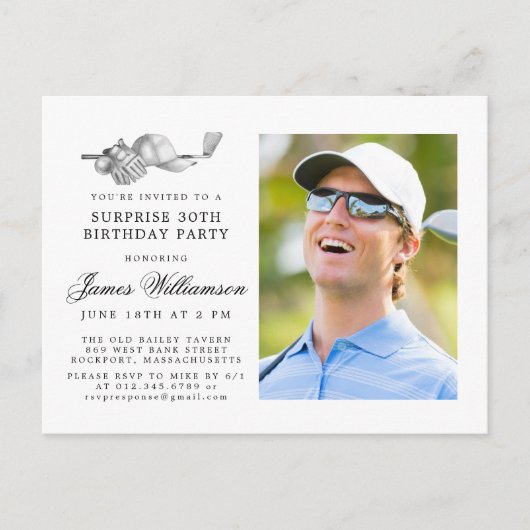 Golfthema 30e VERRASSING Verjaardagsfeestfoto Uitnodiging Briefkaart (Voorkant)