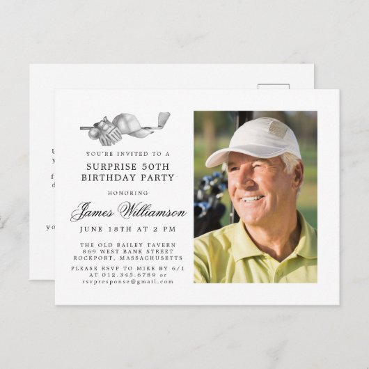 Golfthema 50e VERRASSING Verjaardagsfeestfoto Uitnodiging Briefkaart (Voorkant / Achterkant)