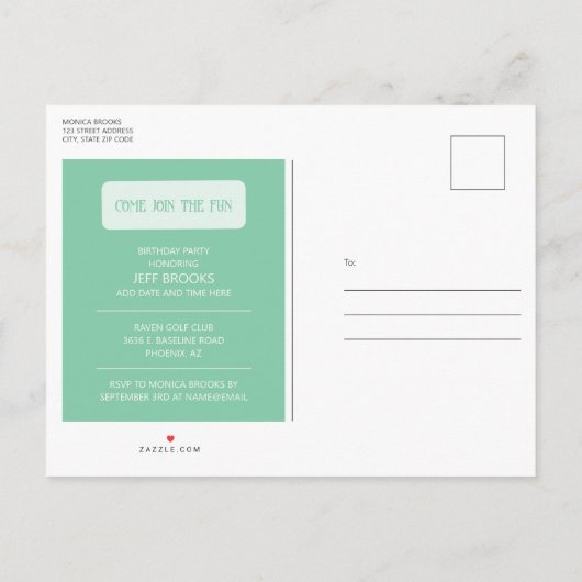 Golfthema verjaardagsuitnodiging Briefkaart (Achterkant)