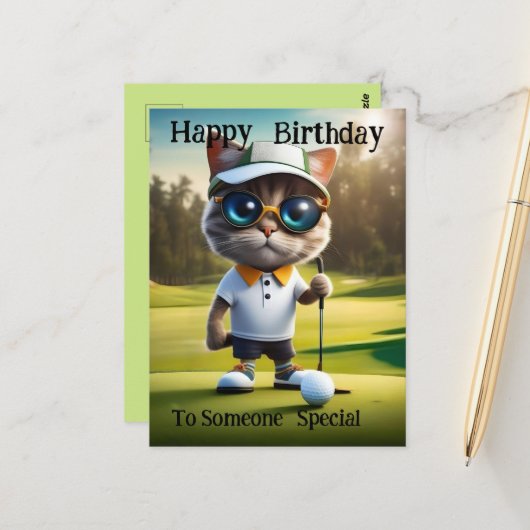 Golftijd: Funny Cat Golf Player, Verjaardag Briefkaart (Voorkant / Achterkant in situ)