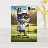 Golftijd: Funny Cat Golfspeler, Verjaardag Kaart (Gele Bloem)