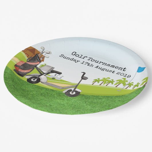 Golftoernooi met uitzicht golfbaan papieren bordje (Gekanteld)
