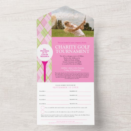 Golftoernooi roze, aangepaste foto RSVP All In One Uitnodiging (Binnen)