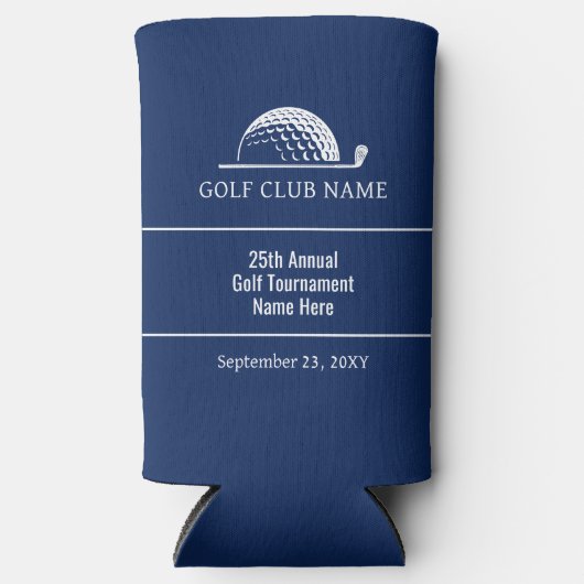 Golftoernooi Uitje Blauw Aangepaste Tekst Skinny Seltzer Blikjeskoeler (Voorkant)
