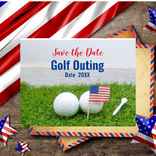 Golfuitje Save the Date met vlag van Amerika Briefkaart