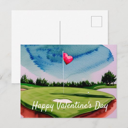 GolfValentijnsdag op golfbaan waterverf Hol Feestdagenkaart (Voorkant / Achterkant)