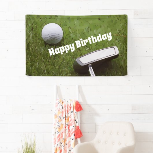 Golfverjaardag met golfbal en rotter op groen spandoek