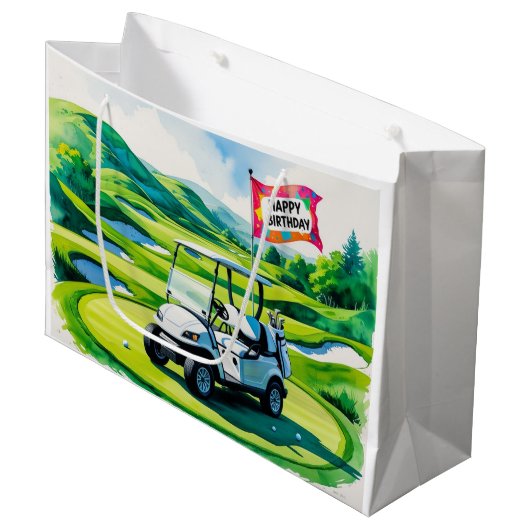 Golfverjaardag met golfkar waterverf groot cadeauzakje (Voorkant Gekanteld)
