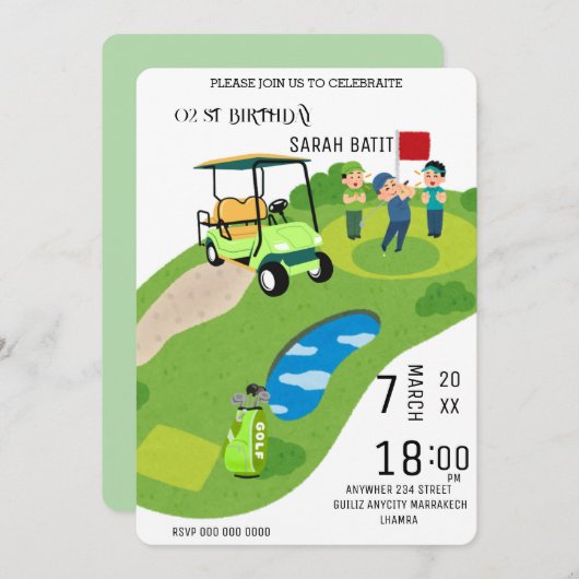 Golfverjaardagsuitnodiging, Golf Par-T-shirt Uitno Kaart (Voorkant / Achterkant)