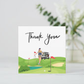 Golfvrouw bedankt je kaart met golfkarretje op gro (Staand voorkant)