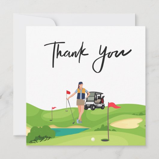 Golfvrouw bedankt je kaart met golfkarretje op gro (Voorkant)