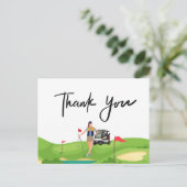 Golfvrouw bedankt je kaart met golfkarretje op gro (Staand voorkant)