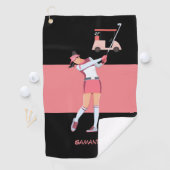 Golfvrouw golft in roze roze kledingkar golfhanddoek (Insitu)