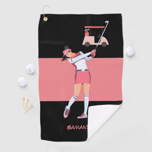 Golfvrouw golft in roze roze kledingkar golfhanddoek (Insitu)