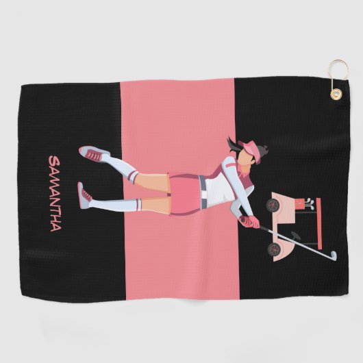 Golfvrouw golft in roze roze kledingkar golfhanddoek (Horizontaal)