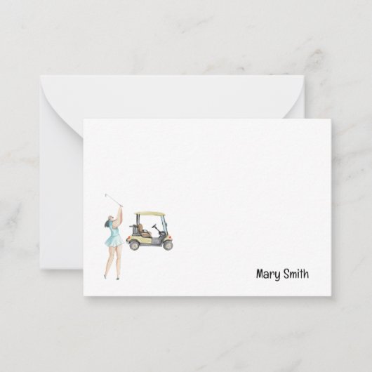 Golfvrouw met golfkar notitiekaartje (Voorkant)