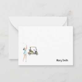 Golfvrouw met golfkar notitiekaartje