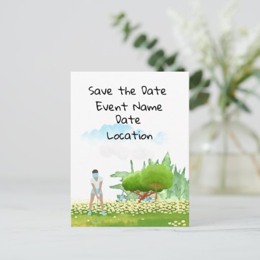 Golfvrouw speelt golf Save the Date party Briefkaart (Staand voorkant)