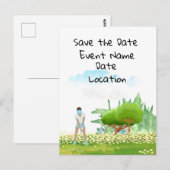 Golfvrouw speelt golf Save the Date party Briefkaart (Voorkant / Achterkant)