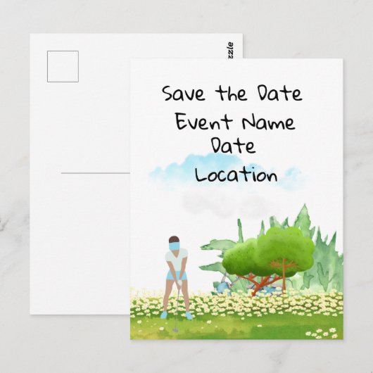 Golfvrouw speelt golf Save the Date party Briefkaart (Voorkant / Achterkant)