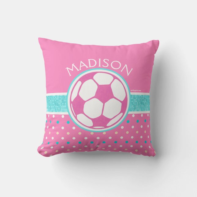 Golly Girls: Roze en Blauwgroen Voetbal, monogramm Kussen (Voorkant)