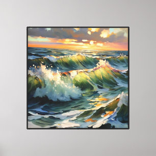 Golven bij zonsondergang boven de oceaan met drama canvas afdruk