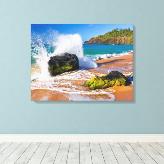 Golven botsten op het strand, Hawaii Canvas Afdruk (Insitu (Houten vloer))