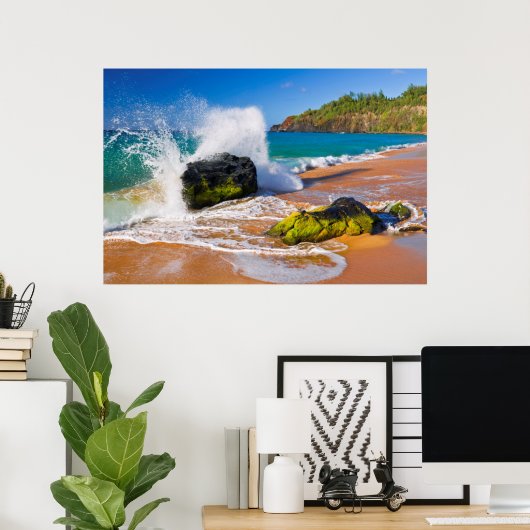 Golven botsten op het strand, Hawaii Poster (Thuiskantoor)