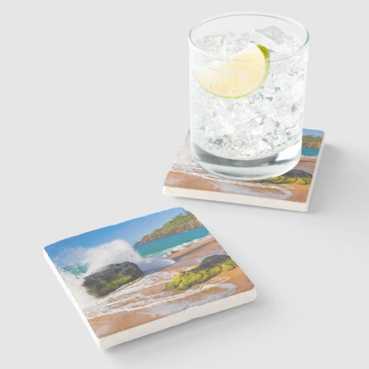 Golven botsten op het strand, Hawaii Stenen Onderzetter (Zijkant)