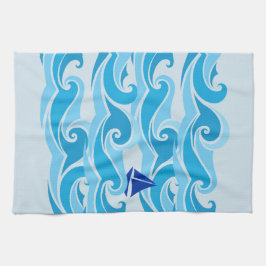 Golven en zeilboot in de oceaan theedoek