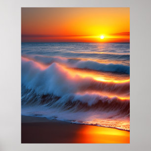 Golven In De Oceaan met zonsondergang Poster