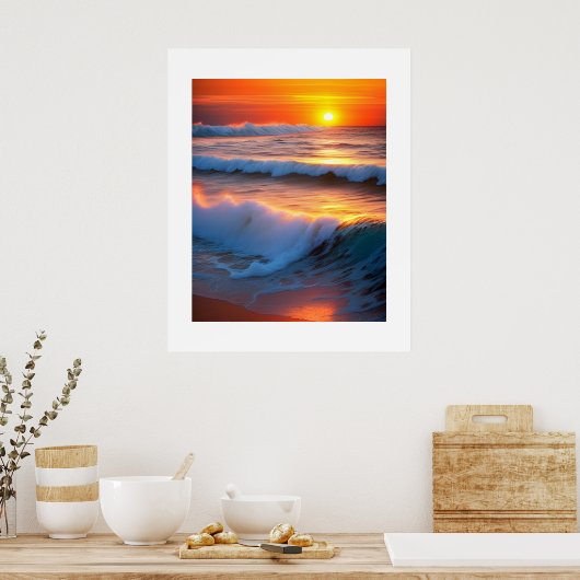 Golven In De Oceaan met zonsondergang Poster (Keuken)