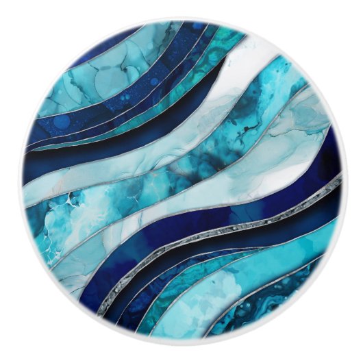 Golven - Mixed Media Blauw Abstract Keramische Knop (Voorkant)