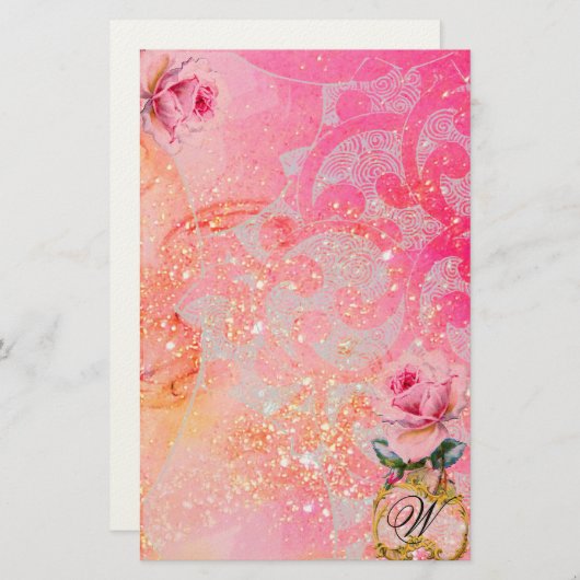 GOLVEN ,ROZE ROZEN IN GOUDEN SCHITTERINGEN EN WERV BRIEFPAPIER (Voorkant / Achterkant)