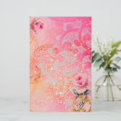 GOLVEN ,ROZE ROZEN IN GOUDEN SCHITTERINGEN EN WERV BRIEFPAPIER (Staand voorkant)