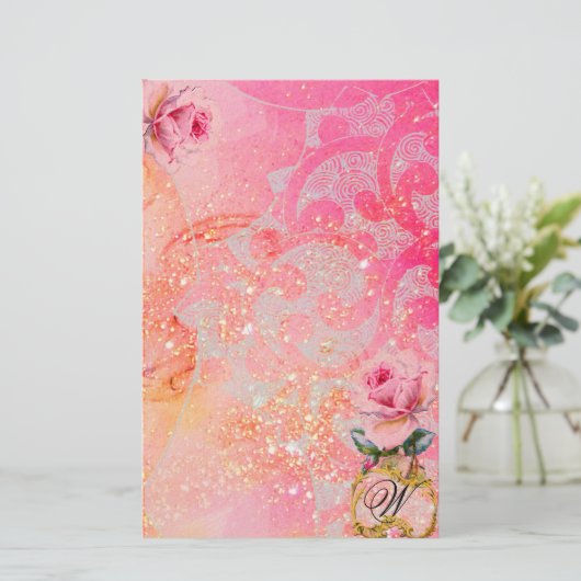 GOLVEN ,ROZE ROZEN IN GOUDEN SCHITTERINGEN EN WERV BRIEFPAPIER (Staand voorkant)