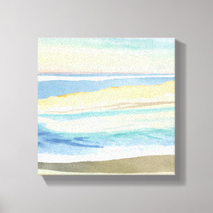 Golven van Blauw Oceaan Strand Waterverf Canvas Afdruk
